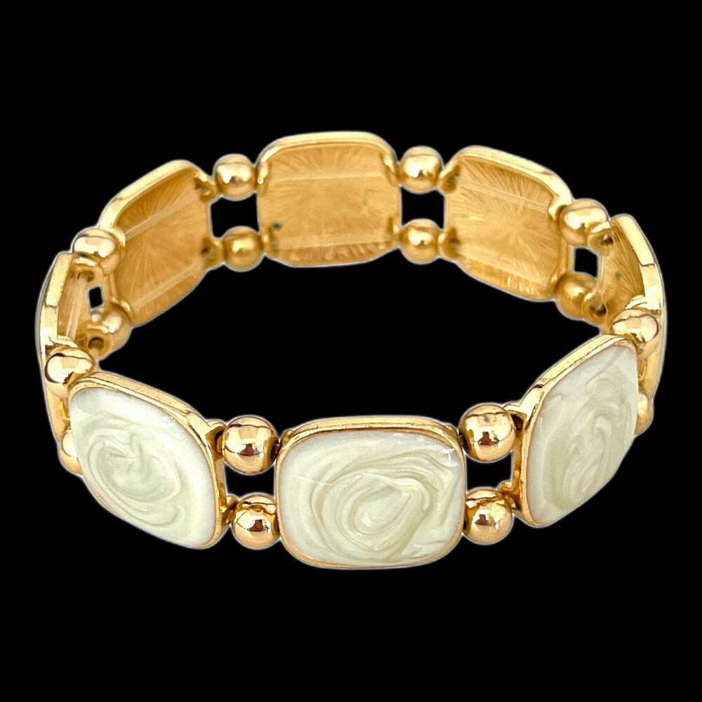 New Boutique Stretch Bracelet Gold Tone Beige Swirl Enamel - 3T